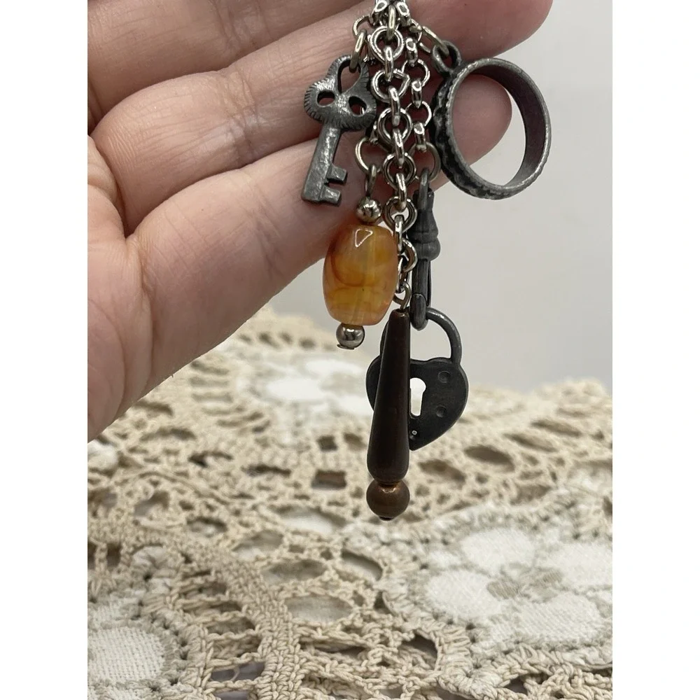Vtg Steampunk‎ Wings Dangle Chain Charm Pewter Brooch Pin Glass Copper 4